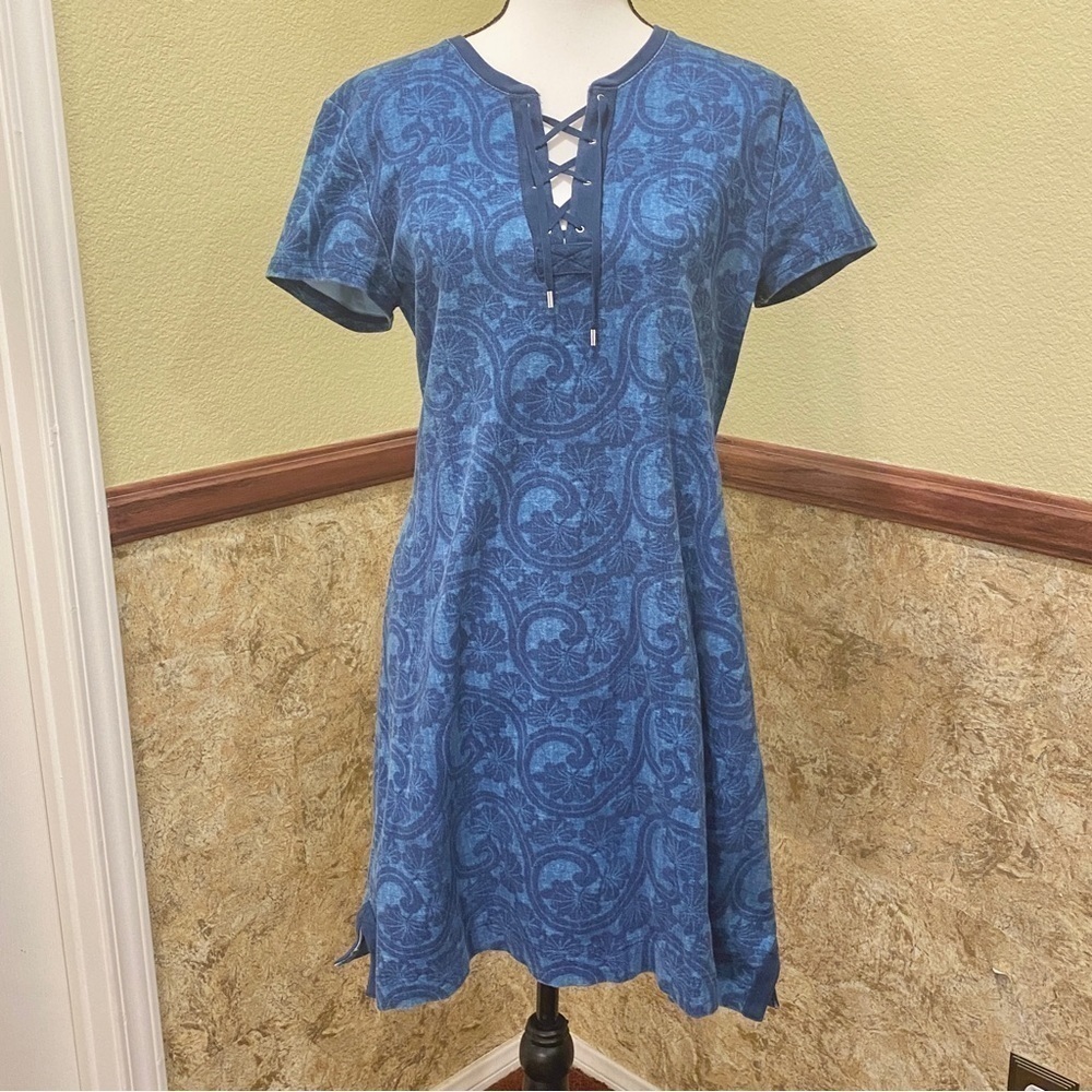 Chaps Shift Dress Paisley Blue Tie Laced Neckline Nautical Short Sleeve Size XL